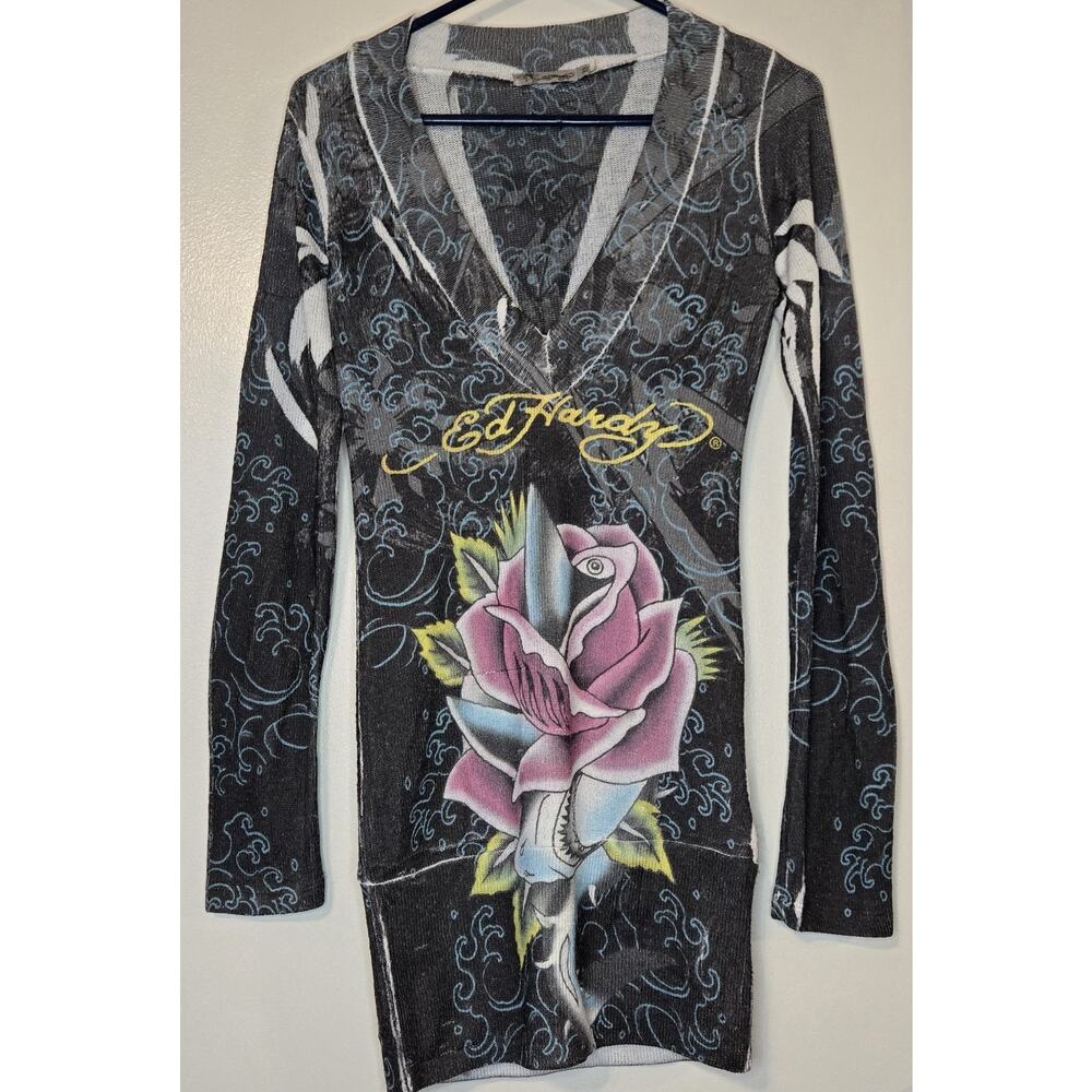 Vintage Y2K Ed Hardy Womens Sweater Gray Pullover Floral Dress Shark Rose XS AOP